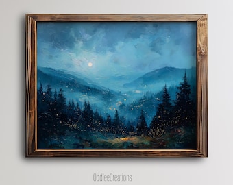 Firefly Moonlit Forest Digital Art Print Moody Landscape Painting Printable Wall Decor Mysterious Woods Nature Inspired Artwork - SCE-190