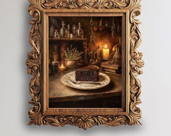 Witch Chocolate Cake Digital Painting Print Dark Academia Witchy Kitchen Art Decor Antique Dessert Still Life Wall Poster - FOD-95