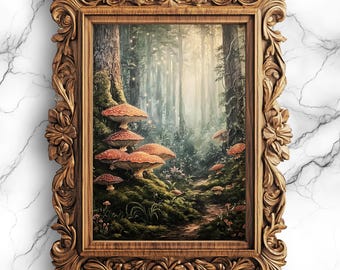 Gothic Fairy Forest with Mushrooms Art Print Dark Academia Aesthetic Oil Painting Digital Download Cottagecore Magical Decor - SCE-64