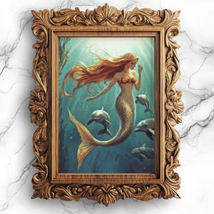 Druckbare Meerjungfrau Kunst Digitaler Download Ölgemälde Atlantik Szene Mond Wasser Gothic Dark Academia Unterwasser Dekor - PRT-30