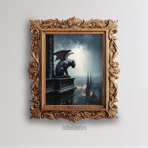May include: A framed artwork featuring a gothic gargoyle overlooking a city during a storm. The artwork is in a decorative, ornate, gold-toned frame. The image has a dark, moody color palette with a focus on the gargoyle and the city's architecture.
