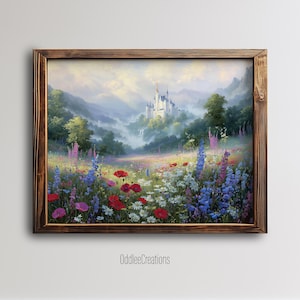 Castle Fantasy Landscape Art Print Digital Wildflower Field Painting Whimsical Castle Download Magical Nature Room Wall Decor - SCE-189