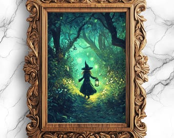 Druckbare Illustration einer Hexe im verzauberten Wald - Magische Hexerei Wand Dekoration - Dark Fantasy Digitaler Download für Hexen und Heiden - WIT-28