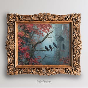Puede incluir: Pintura enmarcada con tres cuervos negros posados en una rama, con un castillo y árboles de hojas rojas de fondo. El marco dorado y ornamentado añade un toque de elegancia a la obra. Tema místico y gótico.