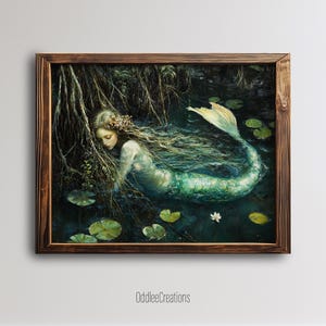 Dark Forest Mermaid Printable Wall Art, Ethereal Oil Painting Digital Download, Mythical Creature Artwork for Home Decor - PRT-90