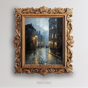 Victorian City Rain Scene Digital Printable Artwork Gaslamp Street Wall Art Oil Painting Aesthetic for Gothic Home Decor - SCE-176