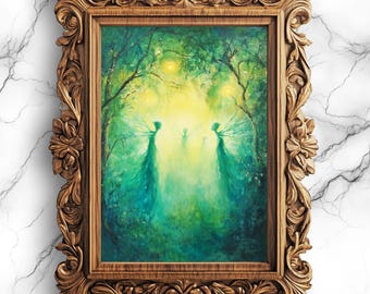 Hadas mágicas translúcidas en un bosque encantado / Arte de hadas imprimible / Decoración de pared de bosque etéreo / Arte digital de fantasía para el hogar - PRT-18