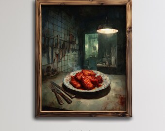 Chicken Tenders Spooky Kitchen Artwork Creepy Chef Oil Painting Printable Digital Wall Art Horror Aesthetic Halloween Food Decor - FOD-68