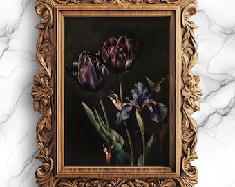 Black Tulips Portrait Digital Painting - Gothic Floral Art, Dark Elegance Decor, Unique Tulip Wall Art, Botanical Print Home Decor - FLW-3