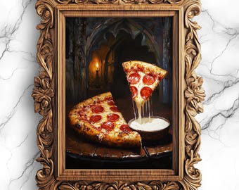 May include: A painting of a pizza slice and a whole pizza in a dark, gothic setting. The pizza is topped with pepperoni and cheese. The slice is dripping with cheese and is being held up by a hand that is not visible in the image.