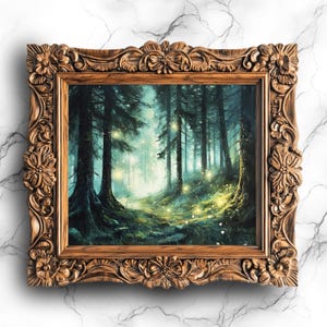 Verzauberter Wald druckbare Kunst - Vintage Ölgemälde, Dark Academia Gothic Dekor, leuchtende Kugeln und Feen digitaler Download - SCE-75