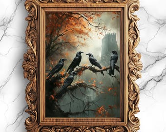 Crows Autumn Forest Digital Gothic Dark Academia Printable Fall Decor Moody Wall Art Misty Tree Scene Instant Download Home Decor - ANI-26