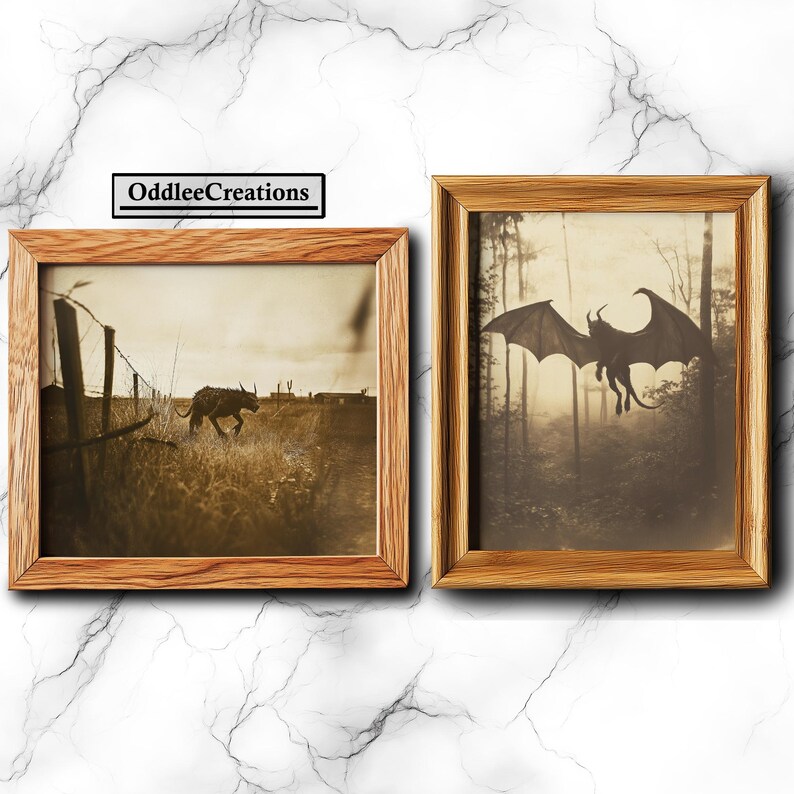 May include: Two framed sepia-toned photographs. The left photo shows a dog-like creature running through a field. The right photo shows a winged creature flying through a forest.