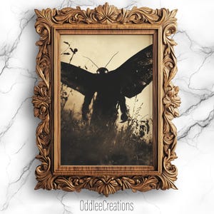 May include: A framed sepia-toned photograph of a large moth with wings spread wide. The moth is in focus, while the background is blurred and appears to be a field of tall grass.