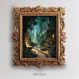 Magical Forest Ancient Ruins Printable Artwork with Enchanted Lights Path Digital Painting Fantasy Wall Decor Downloadable - SCE-165