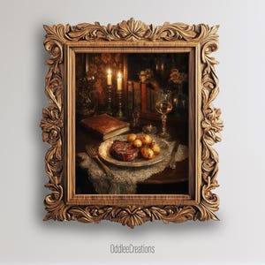 May include: A framed painting depicts a still life of a meal. A steak and potatoes are on a plate, with a glass of wine, candles, and books in the background. The frame is ornate and gold-colored.