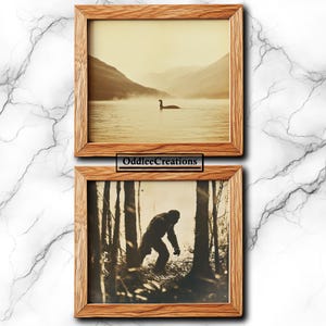 May include: Two framed sepia-toned photographs. The top photo shows a lake with a large, long-necked creature swimming in the water. The bottom photo shows a large, hairy creature walking through a forest.