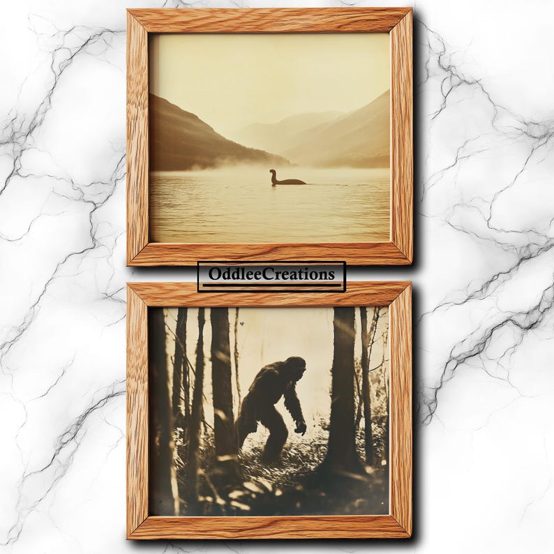 May include: Two framed sepia-toned photographs. The top photo shows a lake with a large, long-necked creature swimming in the water. The bottom photo shows a large, hairy creature walking through a forest.