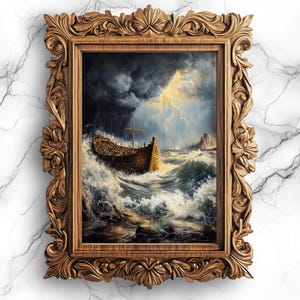 Noah&#39;s Ark in Stormy Seas Digital Poster - Biblical Flood Art, Religious Wall Painting, Christian Home Decor, Old Testament Print - SCE-20