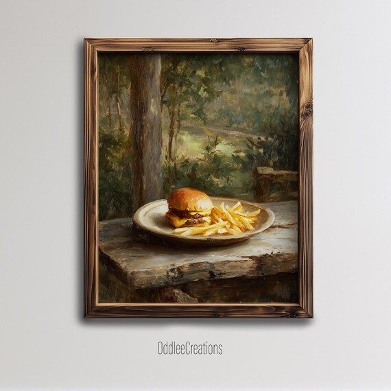 Cheeseburger Fries Printable Art Oil Painting Style Digital Wall Decor Moody Rustic Food Scene for Dining Room or Kitchen Download - FOD-7