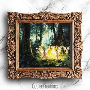 Stampa artistica digitale Enchanted Forest - Pittura a olio danzante di fate mistiche, decorazione da parete fantasy oscura e magica - SCE-119