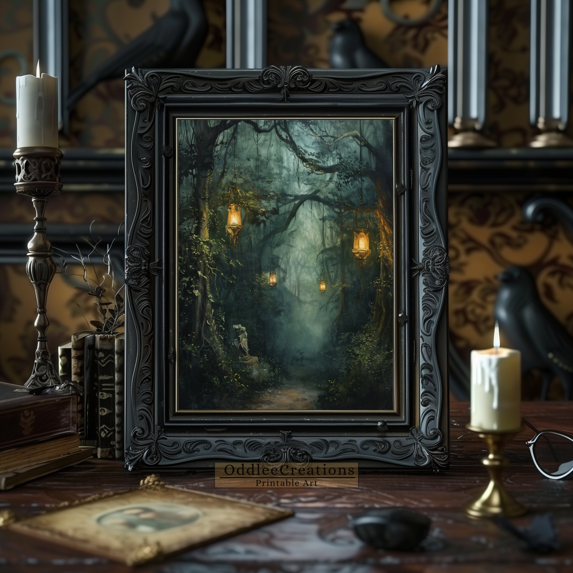 Mystical Dark Forest Wall Art Enchanted Woodland Decor Fantasy Moonlit ...