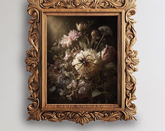 Wildflowers Spider Dark Academia Wall Art Printable Oil Painting Vintage Wildflower Bouquet Digital Download Gothic Decor - FLW-78