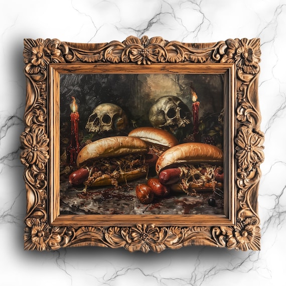 Hot Dog in Mysterious Room Oil Painting - Eerie Food Wall Art