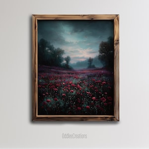 Puede incluir: Pintura de paisaje enmarcada que representa un campo de amapolas rojas bajo un cielo nublado y dramático. La obra de arte se presenta en un marco de madera oscura. El nombre del artista, OddleeCreations, está impreso en la parte inferior.