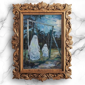 Whimsical Ghost Swing: Haunted Night Art | Spooky Wall Decor | Eerie Moonlight Painting | Halloween Digital Wall Art - BBG-18