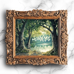 Magical Forest by the Lake Digital Art Print - Fairies Dancing, Dark Academia Style Home Decor Printable - SCE-113