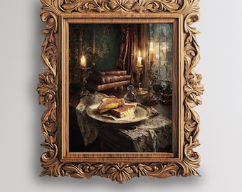 Gegrilltes Käse-Sandwich Öl Gemälde Esszimmer Art Dark Academia Druckbare Wand Dekor Antike Küche Essen Illustration Download - FOD-77