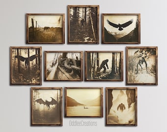 Op de afbeelding: Een verzameling sepia-gekleurde ingelijste kunstafdrukken. De afdrukken tonen verschillende scènes, waaronder een draak, een boot, een vogel in vlucht en figuren in bossen. De frames zijn van donker hout, wat een vintage uitstraling geeft.