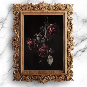 Arte imprimible de rosas negras / Decoración floral gótica digital para pared / Póster botánico oscuro para el hogar Descarga de arte elegante inspirado en la naturaleza - FLW-10