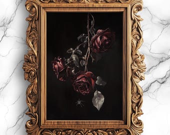 Arte imprimible de rosas negras / Decoración floral gótica digital para pared / Póster botánico oscuro para el hogar Descarga de arte elegante inspirado en la naturaleza - FLW-10