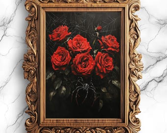 フラワーアート 大判 黒背景　コブラアート 蜘蛛とバラのデジタルダウンロードアート – 不気味な花柄のプリント