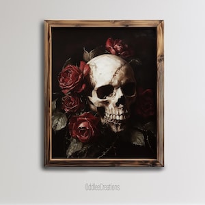 Skeleton Skull and Roses Wall Art Printable, Moody Floral Oil Painting, Dark Romantic Gothic Art Download for Home Decor - FLW-66