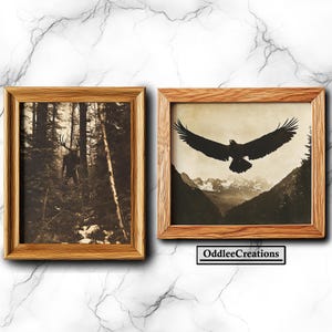 May include: Two framed sepia-toned photographs. The left photo shows a silhouette of a deer in a forest. The right photo shows a silhouette of an eagle flying over a mountain range. The text "OddleeCreations" is below the photos.