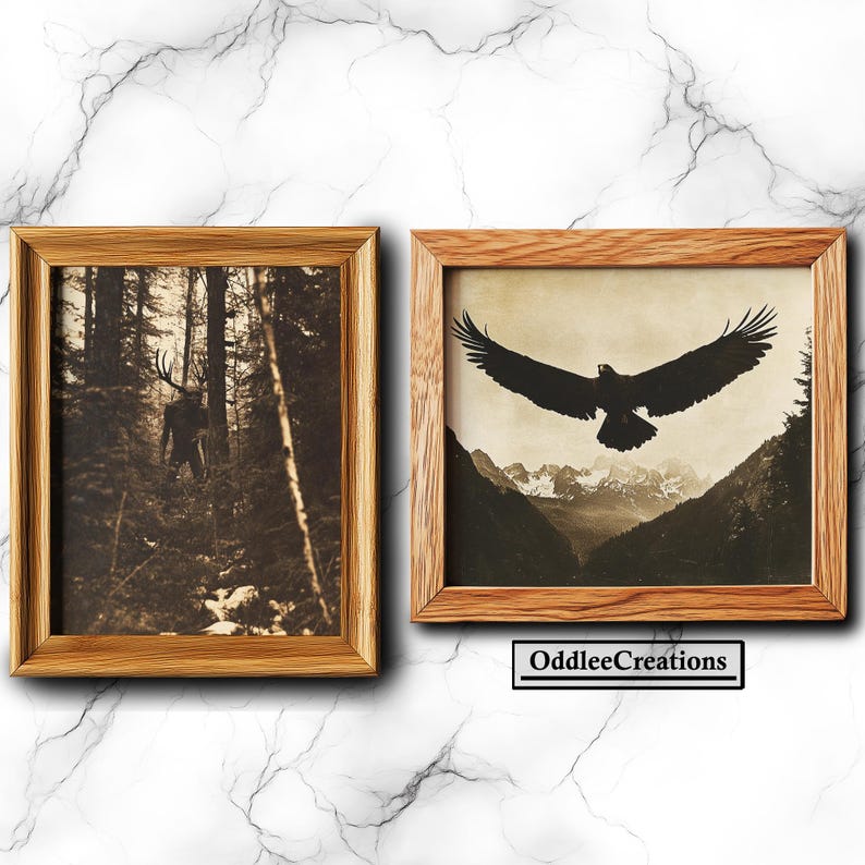 May include: Two framed sepia-toned photographs. The left photo shows a silhouette of a deer in a forest. The right photo shows a silhouette of an eagle flying over a mountain range. The text "OddleeCreations" is below the photos.