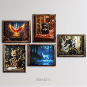 5 Magical Creatures Wall Art Set - Dark Academia Gallery Prints, Wizarding School Inspired Artwork, Printable Gift Idea - BNL-24