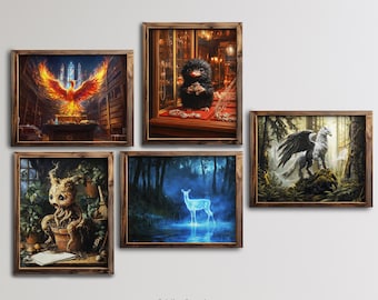 5 Magical Creatures Wall Art Set - Dark Academia Gallery Prints, Wizarding School Inspired Artwork, Printable Gift Idea - BNL-24