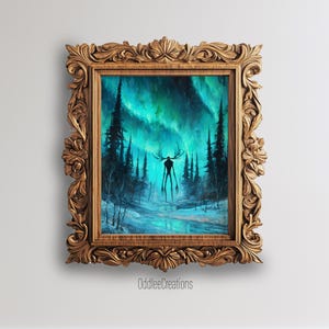 Wendigo norrsken utskrivbar poster med boreal skogsmytologi, arktisk vildmark, monsterillustration, mörk fantasidekor - PRT-179