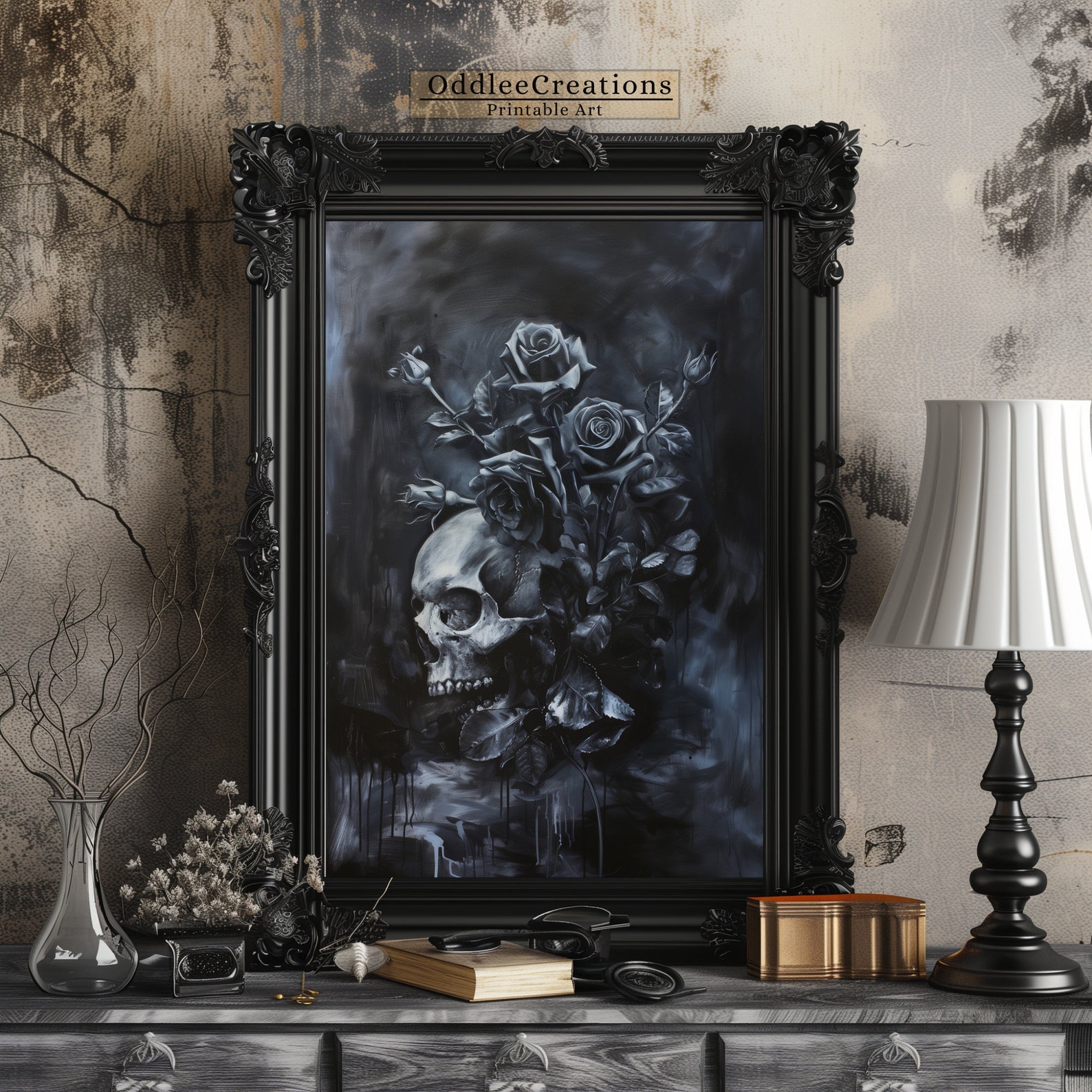 Skull With Black Roses Oil Painting - Gothic Wall Art - Dark Floral ...