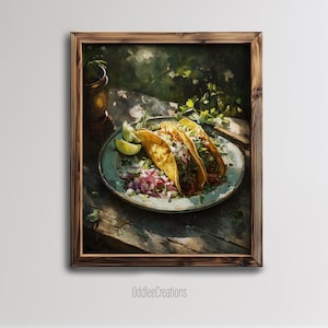 Taco Digital Printable Art for Kitchen Wall Decor Rustic Mexican Food Still Life Oil Painting Moody Outdoor Table Scene - FOD-100