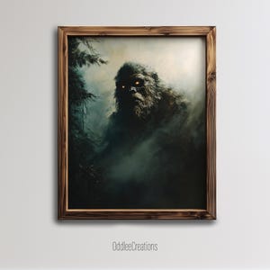Bigfoot Forest Mist Portrait Printable Wall Art, Cryptid Oil Painting Digital Download, Mythical Woodland Creature Decor - PRT-102