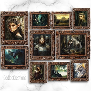 May include: A collection of 10 framed fantasy art prints, each depicting a different scene. The prints are in ornate gold frames with a dark wood finish. The scenes include a woman with elf ears in a forest, a knight in armor, a unicorn in a forest, a dragon, and more.