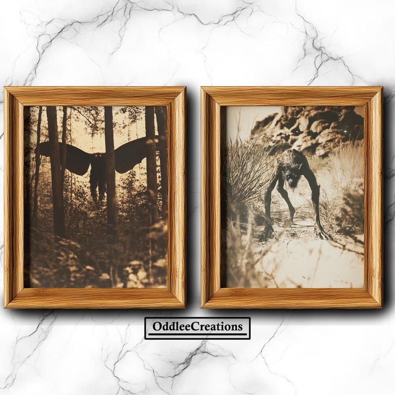 May include: Two framed sepia-toned photographs depicting mysterious creatures. The first image shows a winged creature in a forest setting. The second image shows a humanoid creature with sharp teeth and claws walking through a rocky landscape.