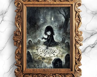 Gothic Hexe wirkt Zauber auf dem Friedhof - Dark Witchcraft Wand Kunst Druck - Mystische Witchy Dekor Digitaler Download für Magie Liebhaber - WIT-27