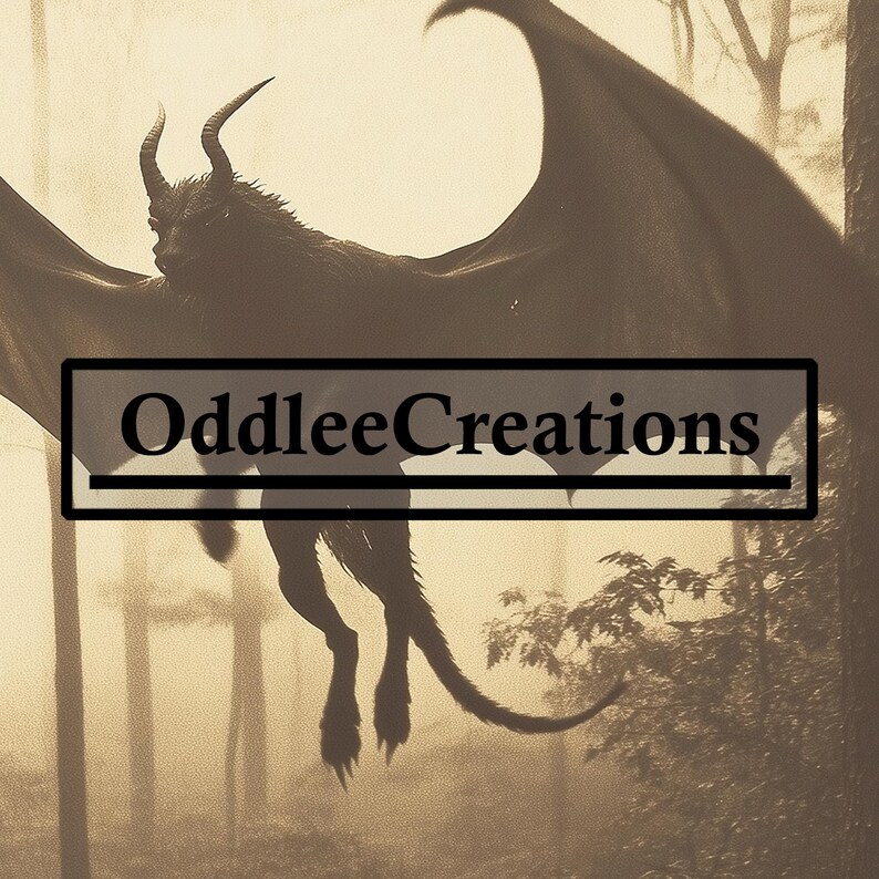 May include: A black silhouette of a winged creature with horns, flying through a foggy forest. The text "OddleeCreations" is superimposed on the image.