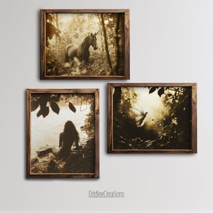 May include: Three framed sepia-toned photographs of a unicorn in a forest, a fairy flying in a forest, and a woman sitting by a lake in a forest.